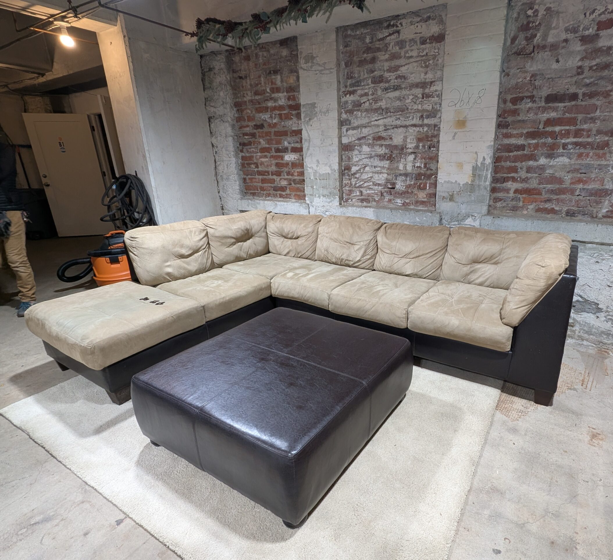 Brown and Beige Sectional with Ottoman