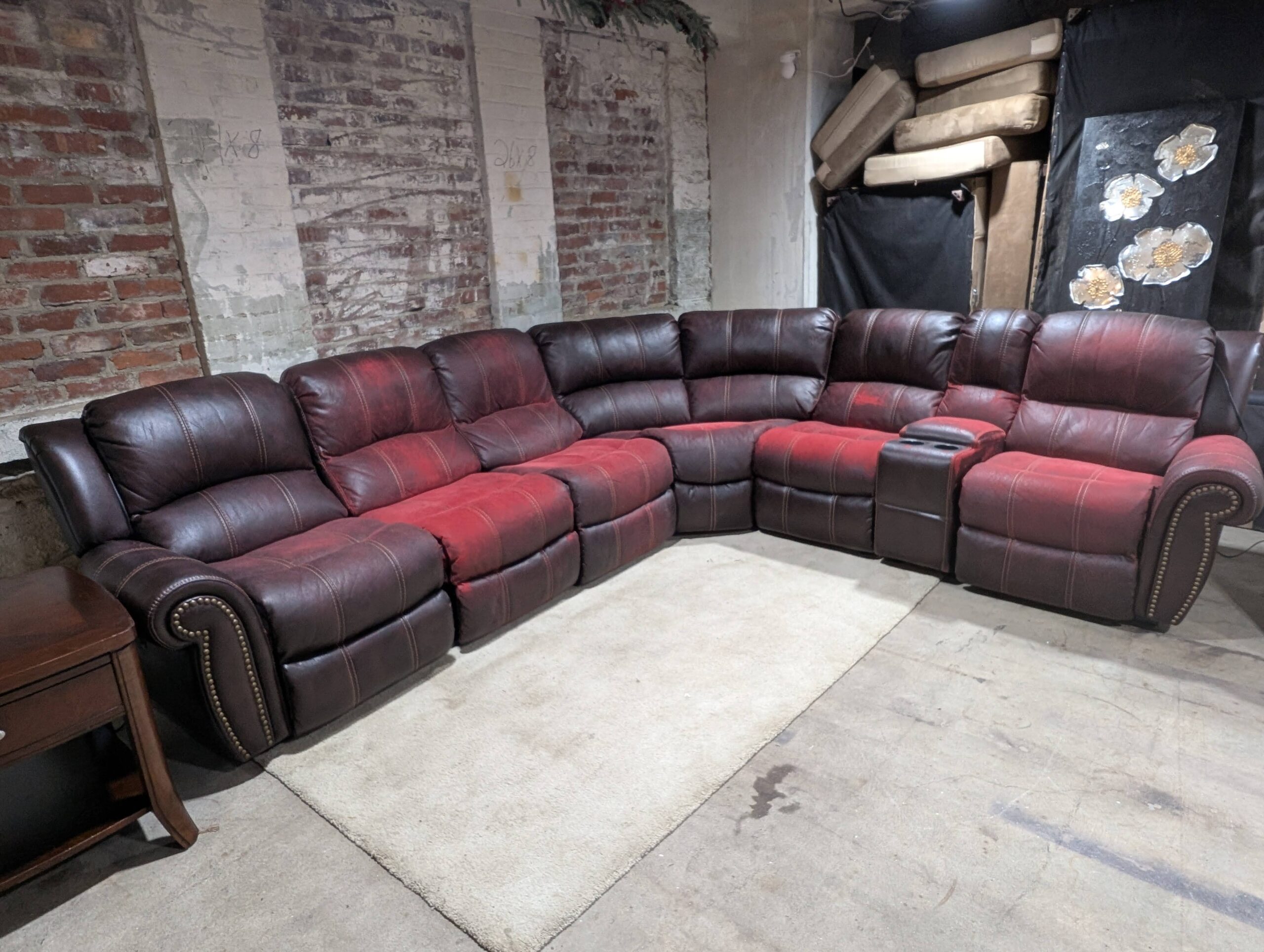 Brown and Red Cloth and Leather Recliner Sectional